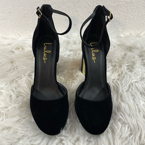 LULUS Laura Black & Gold Velvet Ankle Strap Chunky Heels Size 8.5 NEW - Picture 3 of 15
